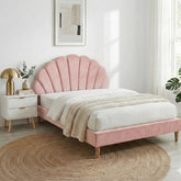 Artiss Double Bed Frame Scallop Headboard Pink Velvet with 2 Drawer Bedside Table