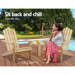 Gardeon 3PC Adirondack Outdoor Table and Chairs Wooden Beach Chair Natural Chez Guru