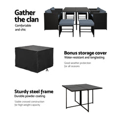 Gardeon Outdoor Dining Set 9 Piece Wicker Table Chairs Setting Black Chez Guru