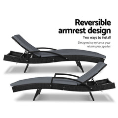Gardeon 2PC Sun Lounge Wicker Lounger Outdoor Furniture Beach Chair Patio Adjustable Cushion Black Chez Guru