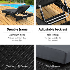 Gardeon 2PC Sun Lounge Wicker Lounger Outdoor Furniture Beach Chair Patio Adjustable Cushion Black Chez Guru