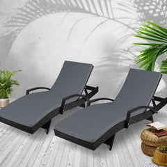 Gardeon 2PC Sun Lounge Wicker Lounger Outdoor Furniture Beach Chair Patio Adjustable Cushion Black Chez Guru