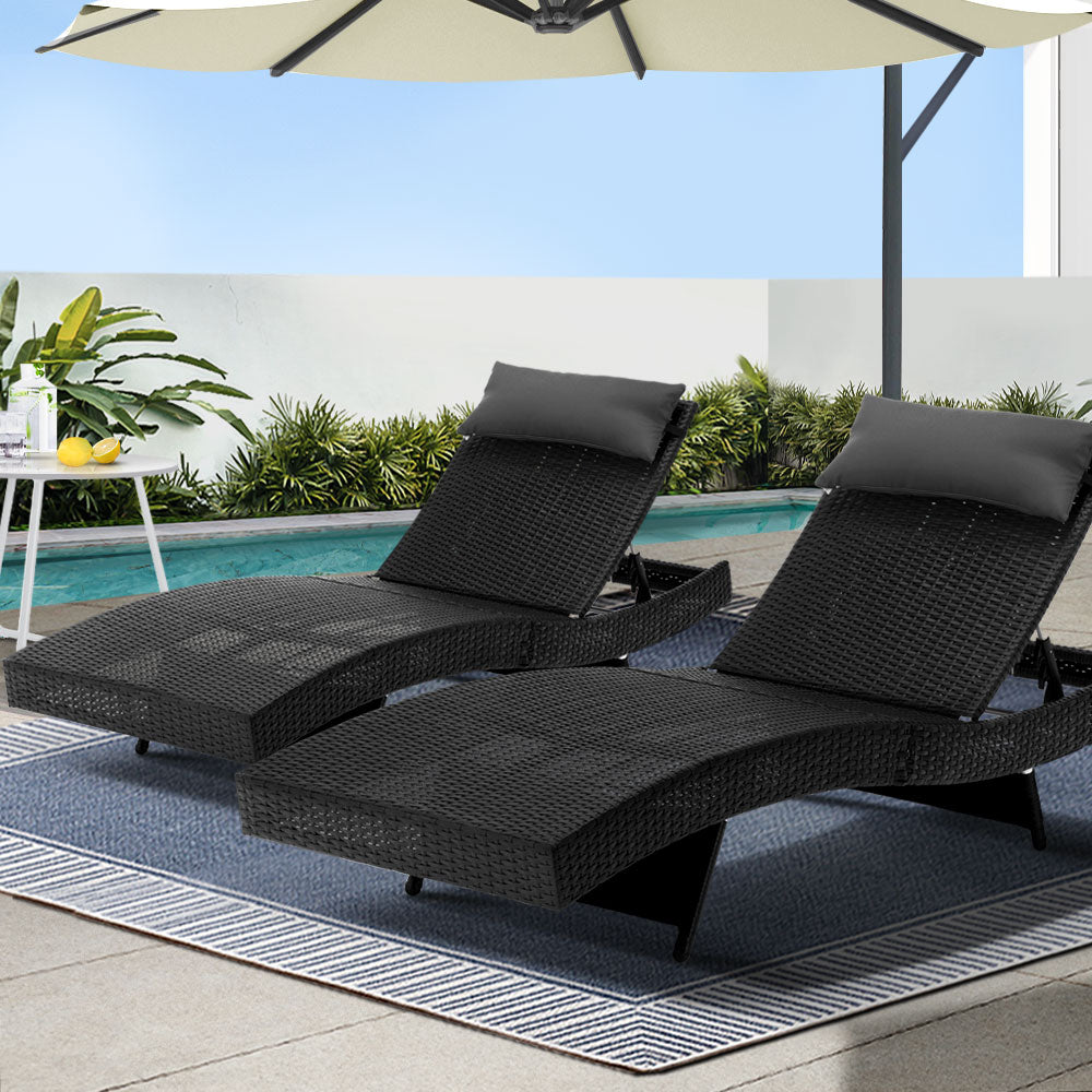 Gardeon 2PC Sun Lounge Wicker Lounger Outdoor Furniture Beach Chair Garden Adjustable Black Chez Guru