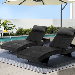 Gardeon 2PC Sun Lounge Wicker Lounger Outdoor Furniture Beach Chair Garden Adjustable Black Chez Guru