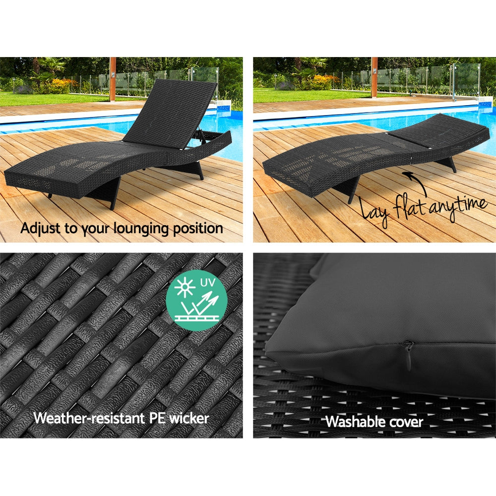 Gardeon 2PC Sun Lounge Wicker Lounger Outdoor Furniture Beach Chair Garden Adjustable Black Chez Guru