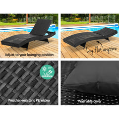 Gardeon 2PC Sun Lounge Wicker Lounger Outdoor Furniture Beach Chair Garden Adjustable Black Chez Guru