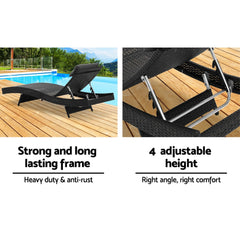 Gardeon 2PC Sun Lounge Wicker Lounger Outdoor Furniture Beach Chair Garden Adjustable Black Chez Guru