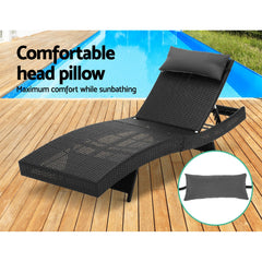 Gardeon 2PC Sun Lounge Wicker Lounger Outdoor Furniture Beach Chair Garden Adjustable Black Chez Guru