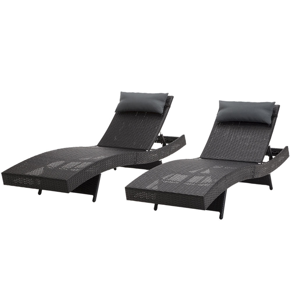 Gardeon 2PC Sun Lounge Wicker Lounger Outdoor Furniture Beach Chair Garden Adjustable Black Chez Guru