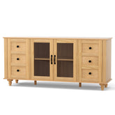 Wooden sideboard with drawers and glass doors on a white background