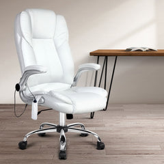 Artiss 8 Point Massage Office Chair PU Leather White Chez Guru