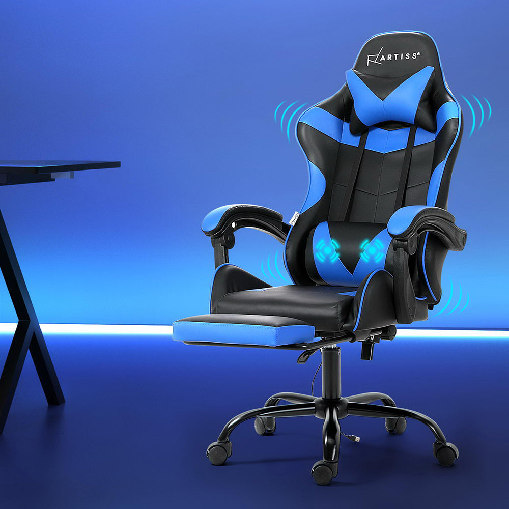 Artiss 2 Point Massage Gaming Office Chair Footrest Blue Chez Guru