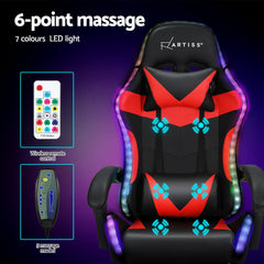 Artiss 6 Point Massage Gaming Office Chair 7 LED Footrest Red Chez Guru