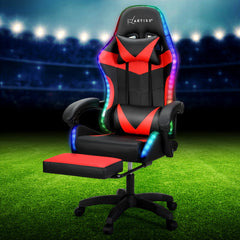Artiss 6 Point Massage Gaming Office Chair 7 LED Footrest Red Chez Guru