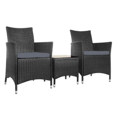 Gardeon 3PC Outdoor Bistro Set Patio Furniture Wicker Chairs Table Cushion All Black Chez Guru