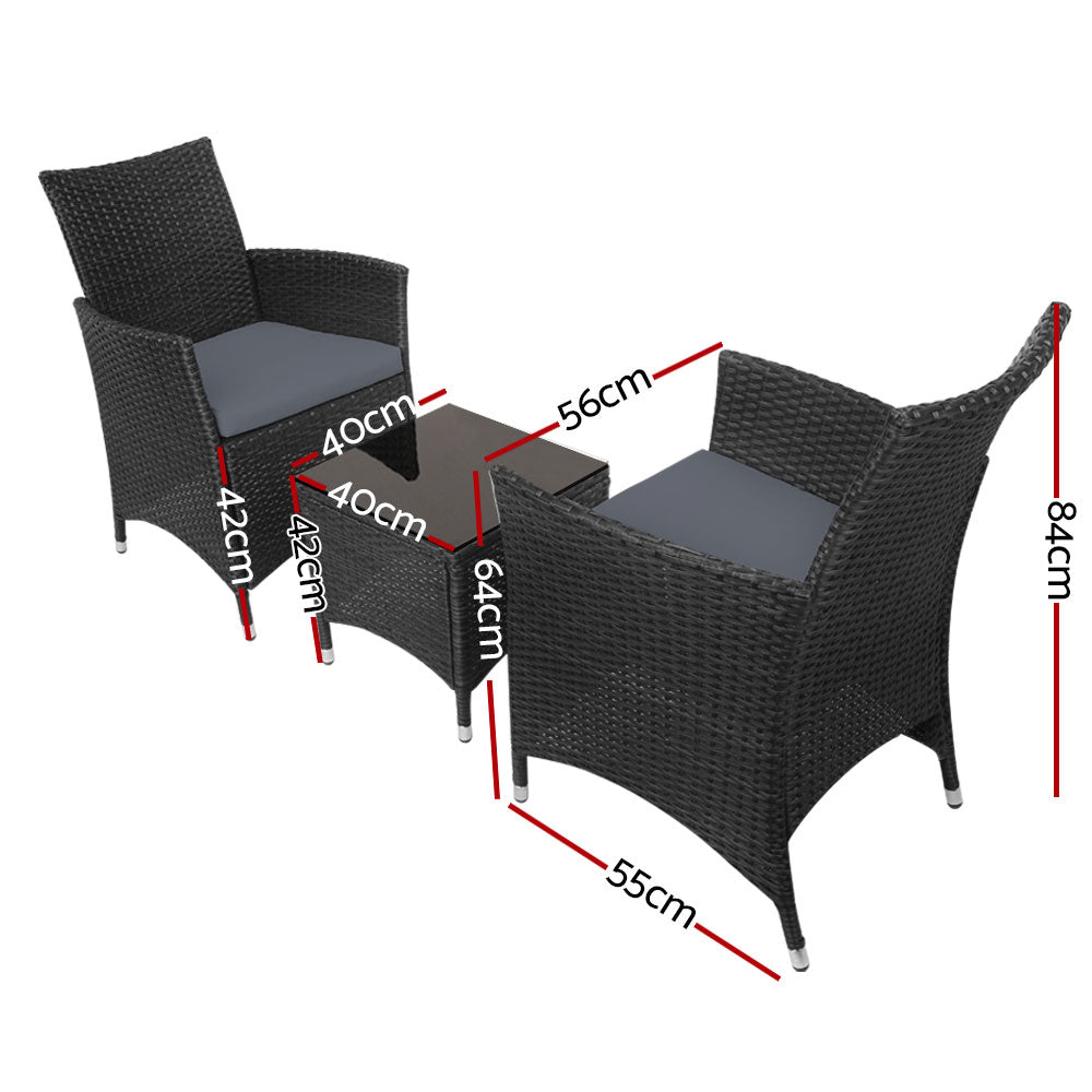Gardeon 3PC Outdoor Bistro Set Patio Furniture Wicker Chairs Table Cushion All Black Chez Guru