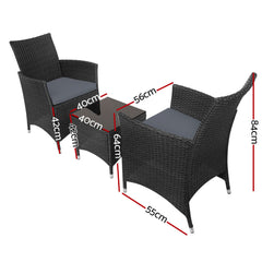 Gardeon 3PC Outdoor Bistro Set Patio Furniture Wicker Chairs Table Cushion All Black Chez Guru