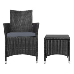 Gardeon 3PC Outdoor Bistro Set Patio Furniture Wicker Chairs Table Cushion All Black Chez Guru