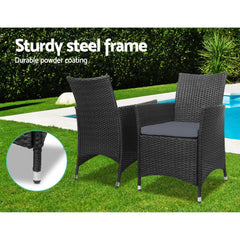 Gardeon 3PC Outdoor Bistro Set Patio Furniture Wicker Chairs Table Cushion All Black Chez Guru