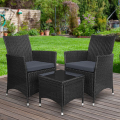 Gardeon 3PC Outdoor Bistro Set Patio Furniture Wicker Chairs Table Cushion All Black Chez Guru
