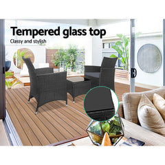 Gardeon 3PC Outdoor Bistro Set Patio Furniture Wicker Chairs Table Cushion All Black Chez Guru
