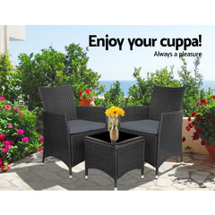 Gardeon 3PC Outdoor Bistro Set Patio Furniture Wicker Chairs Table Cushion All Black Chez Guru