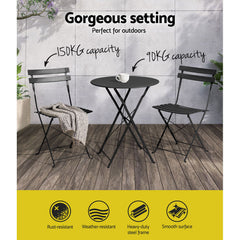 Gardeon 3PC Outdoor Bistro Set Steel Table and Chairs Patio Furniture Black Chez Guru