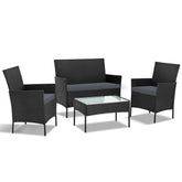Gardeon 4 Seater Outdoor Sofa Set Wicker Setting Table Chair Furniture Black Chez Guru