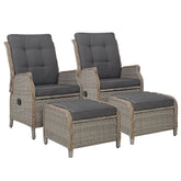 Gardeon 2PC Recliner Chair Sun lounge Wicker Lounger Outdoor Furniture Adjustable Grey Chez Guru