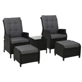 Gardeon 5PC Recliner Chairs Table Sun lounge Wicker Outdoor Furniture Adjustable Black Chez Guru