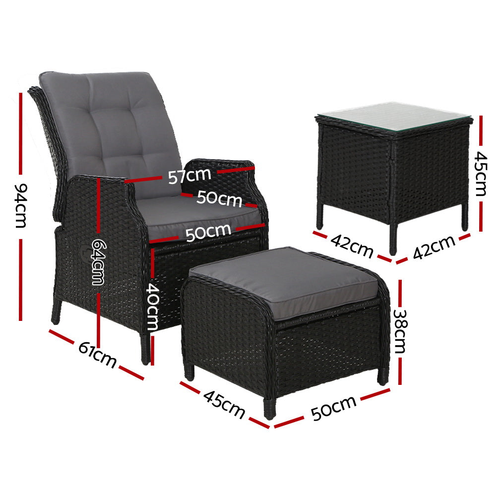Gardeon 5PC Recliner Chairs Table Sun lounge Wicker Outdoor Furniture Adjustable Black Chez Guru