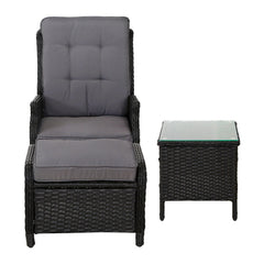 Gardeon 5PC Recliner Chairs Table Sun lounge Wicker Outdoor Furniture Adjustable Black Chez Guru