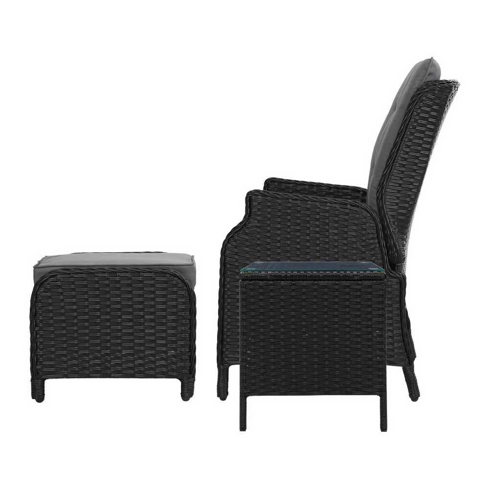 Gardeon 5PC Recliner Chairs Table Sun lounge Wicker Outdoor Furniture Adjustable Black Chez Guru