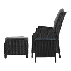 Gardeon 5PC Recliner Chairs Table Sun lounge Wicker Outdoor Furniture Adjustable Black Chez Guru
