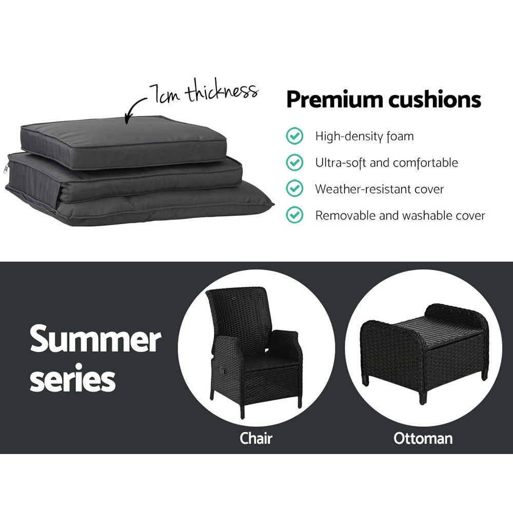 Gardeon 5PC Recliner Chairs Table Sun lounge Wicker Outdoor Furniture Adjustable Black Chez Guru