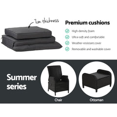 Gardeon 5PC Recliner Chairs Table Sun lounge Wicker Outdoor Furniture Adjustable Black Chez Guru