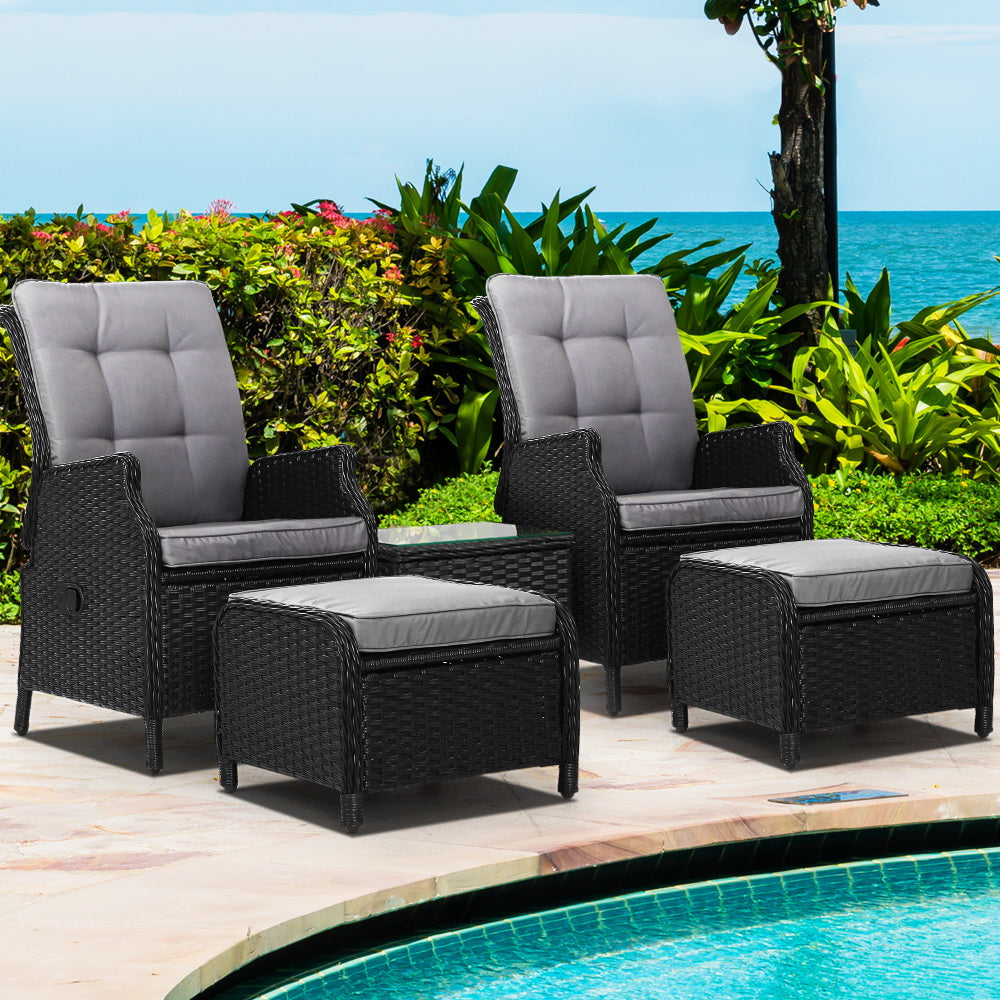 Gardeon 5PC Recliner Chairs Table Sun lounge Wicker Outdoor Furniture Adjustable Black Chez Guru