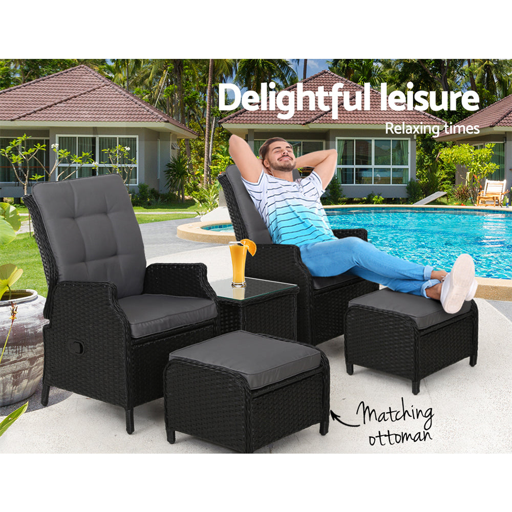 Gardeon 5PC Recliner Chairs Table Sun lounge Wicker Outdoor Furniture Adjustable Black Chez Guru