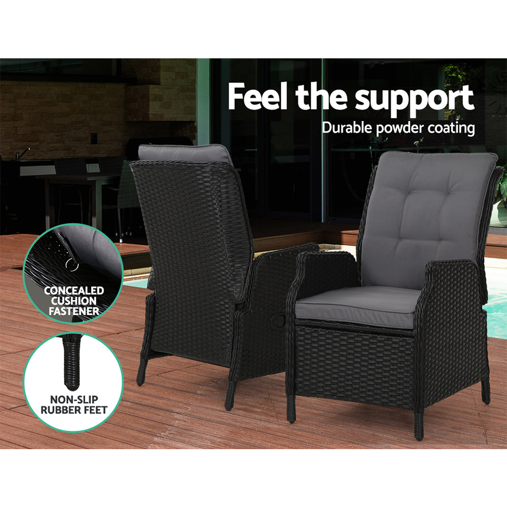 Gardeon 5PC Recliner Chairs Table Sun lounge Wicker Outdoor Furniture Adjustable Black Chez Guru
