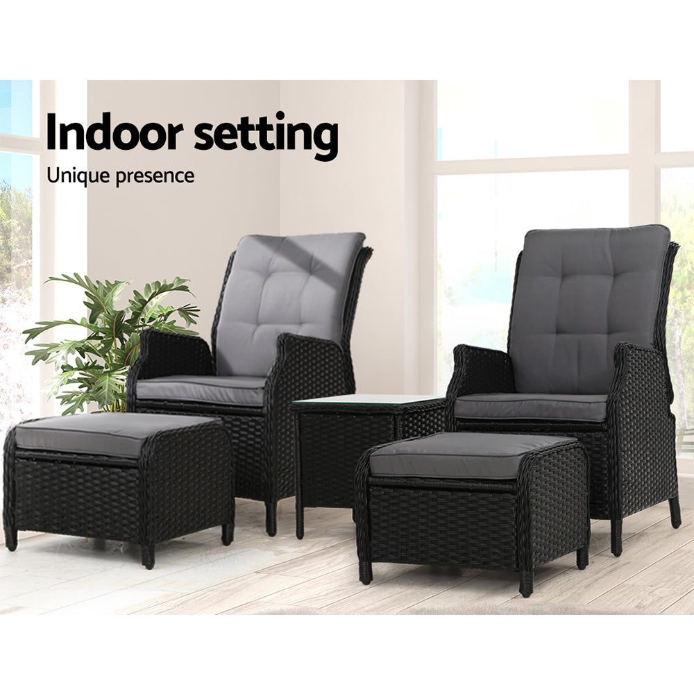 Gardeon 5PC Recliner Chairs Table Sun lounge Wicker Outdoor Furniture Adjustable Black Chez Guru