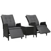 Gardeon 3PC Recliner Chairs Table Sun lounge Outdoor Furniture Wicker Adjustable Black Chez Guru