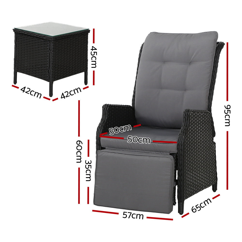 Gardeon 3PC Recliner Chairs Table Sun lounge Outdoor Furniture Wicker Adjustable Black Chez Guru