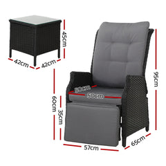 Gardeon 3PC Recliner Chairs Table Sun lounge Outdoor Furniture Wicker Adjustable Black Chez Guru
