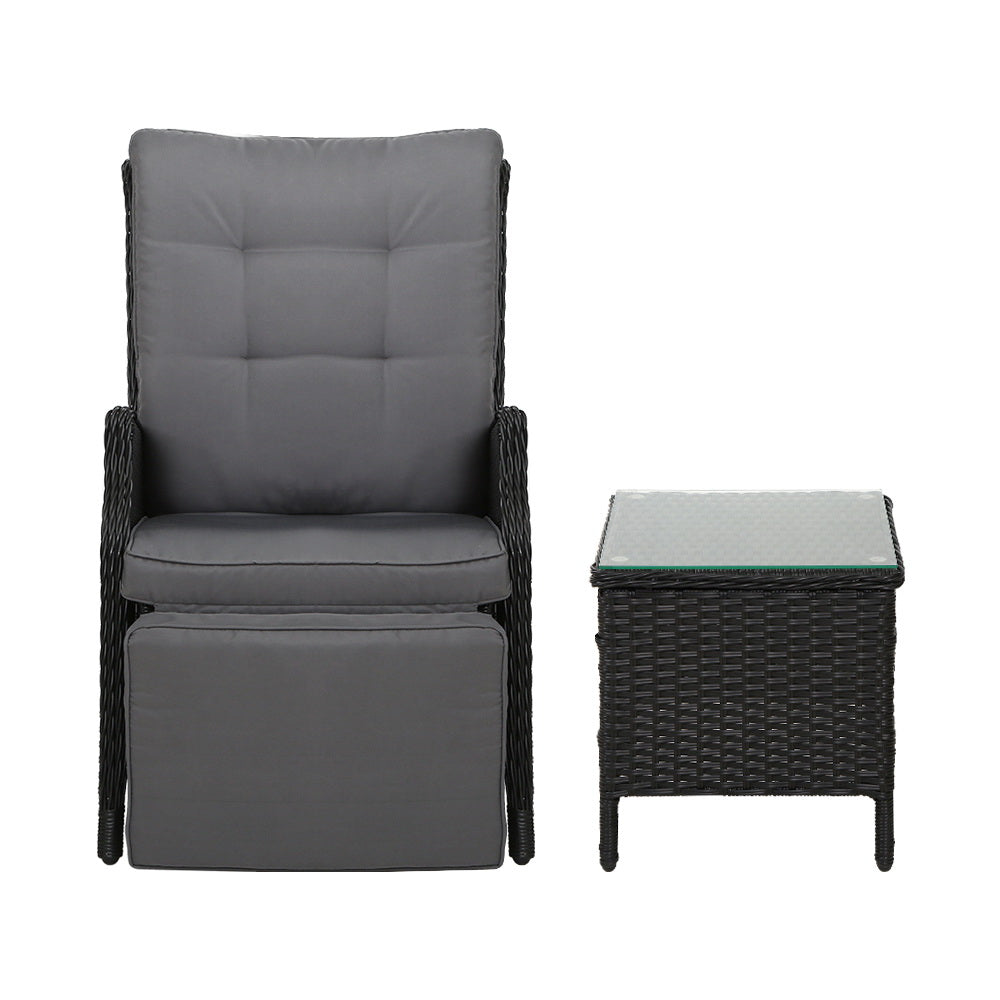 Gardeon 3PC Recliner Chairs Table Sun lounge Outdoor Furniture Wicker Adjustable Black Chez Guru