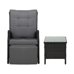Gardeon 3PC Recliner Chairs Table Sun lounge Outdoor Furniture Wicker Adjustable Black Chez Guru