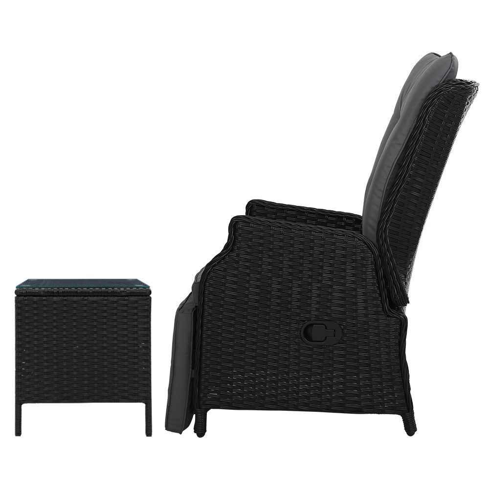 Gardeon 3PC Recliner Chairs Table Sun lounge Outdoor Furniture Wicker Adjustable Black Chez Guru