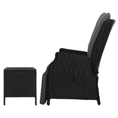 Gardeon 3PC Recliner Chairs Table Sun lounge Outdoor Furniture Wicker Adjustable Black Chez Guru