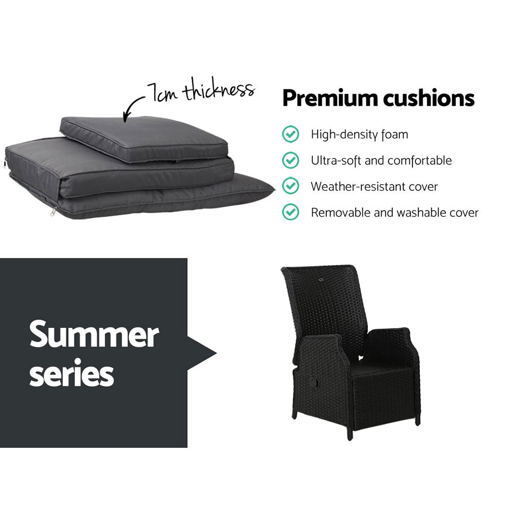 Gardeon 3PC Recliner Chairs Table Sun lounge Outdoor Furniture Wicker Adjustable Black Chez Guru