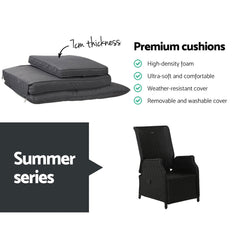 Gardeon 3PC Recliner Chairs Table Sun lounge Outdoor Furniture Wicker Adjustable Black Chez Guru