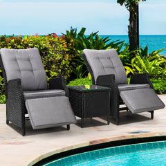 Gardeon 3PC Recliner Chairs Table Sun lounge Outdoor Furniture Wicker Adjustable Black Chez Guru